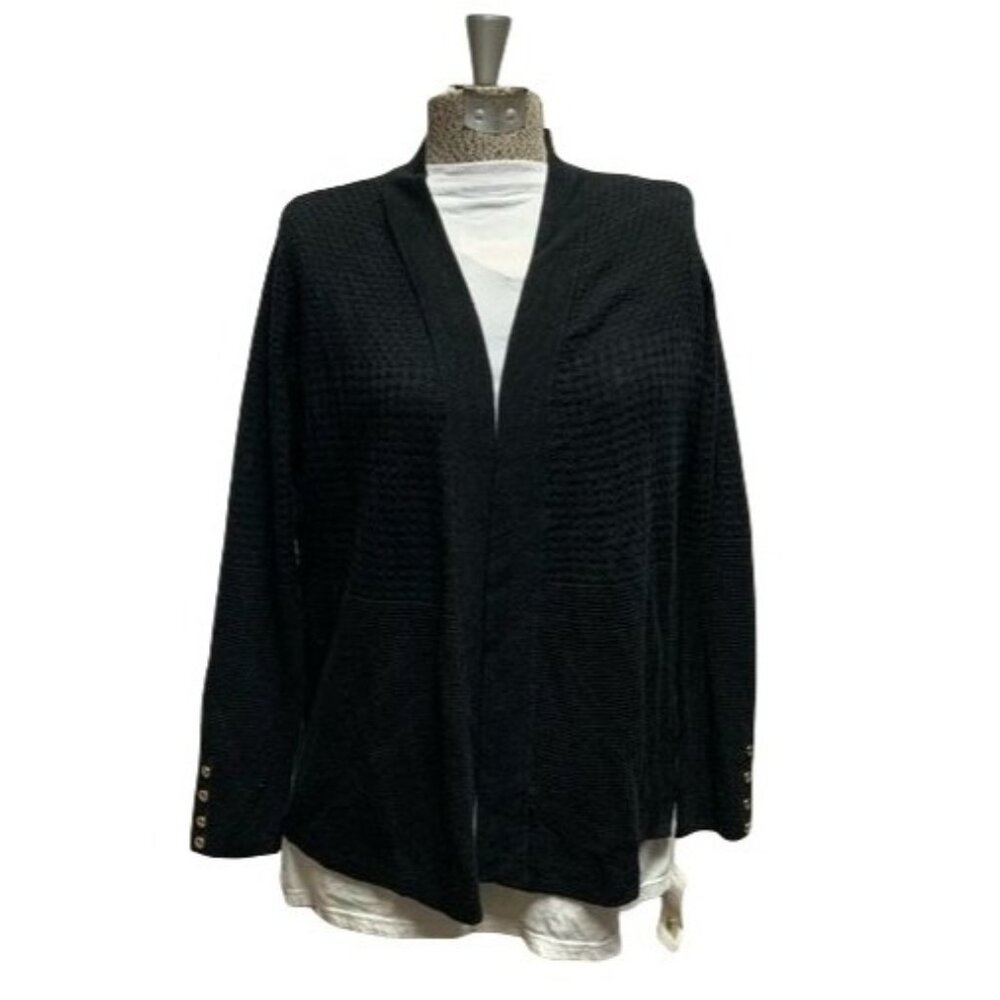 Charter Club Black Open Front Textured Knit Cardigan Sweater PM With Button Cuff